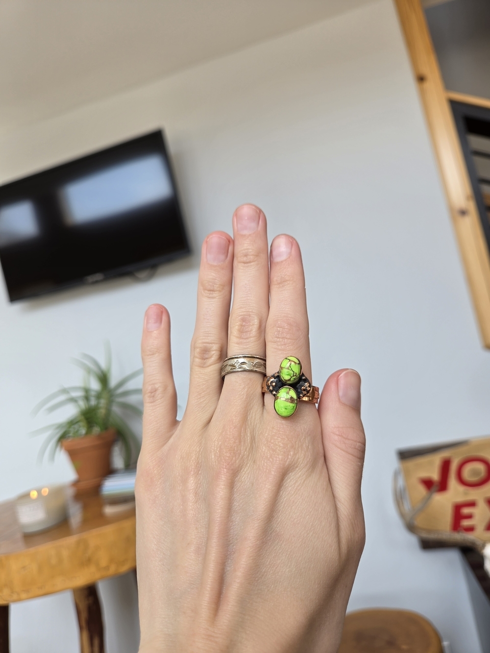 Green Dahlia Turquoise Copper Ring 53
